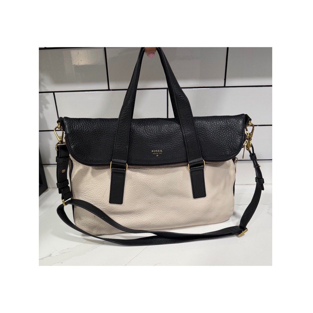 Fossil Black Cream Pebbled Leather Satchel Crossbody Bag Issue No. 1954